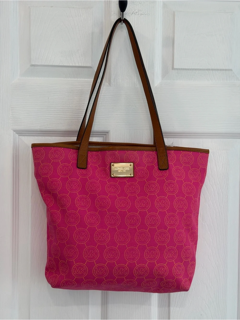 Michael Kors Hot Pink Logo Jacquard Tote with Brown Leather Straps